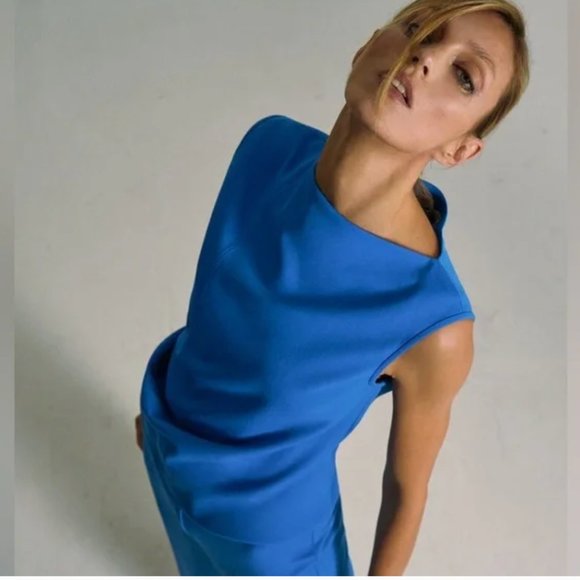 ZARA Crepe Mid-Blue Viscose Blend Asymmetric Top Blouse $69.90 - Picture 5 of 5